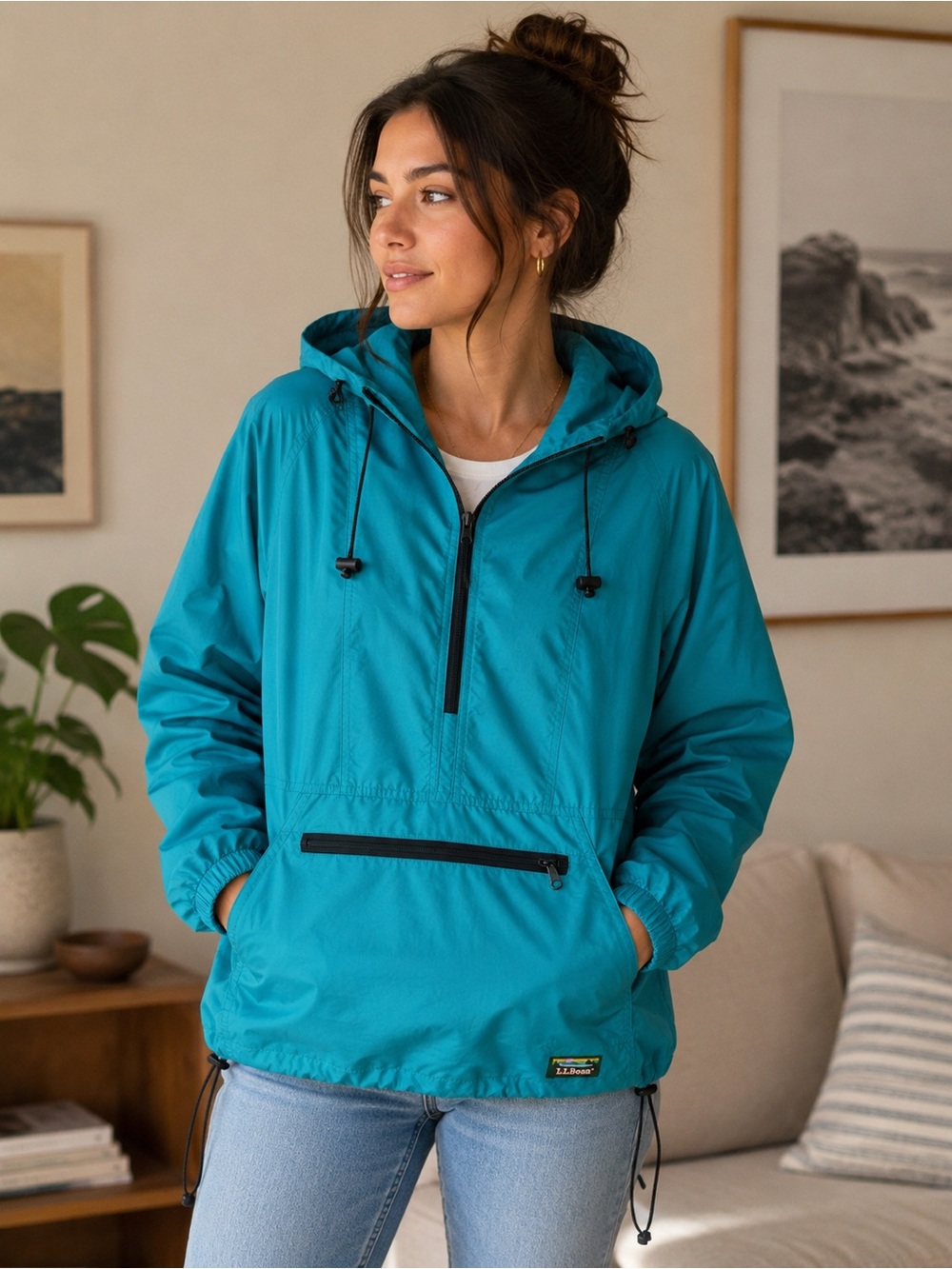 Vintage L.L.Bean Teal‎ Pullover Windbreaker Jacket Hooded Anorak Women's M